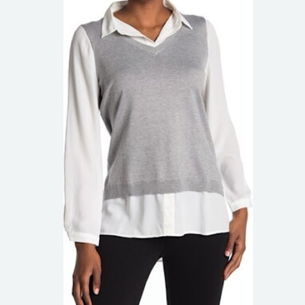 ADRIANNA PAPELL White + Gray Point Collar Button Front Sweater Vest Shirt SM